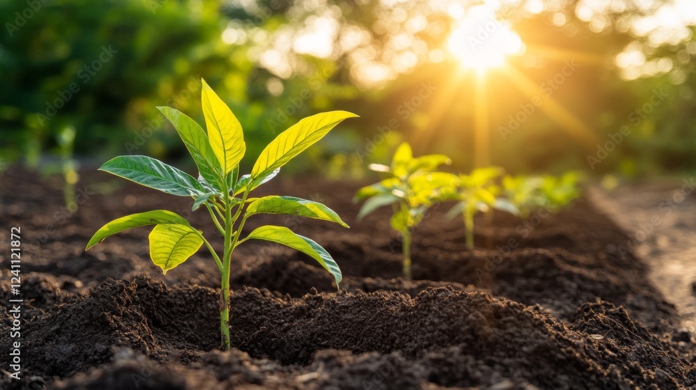 Φωτογραφία A beautiful sunrise illuminating a newly planted forest area, with rays of sunlight shining through the leaves, representing hope and renewal in nature