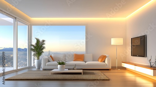 A modern living room featuring a white sofa  decorative cushions  a lamp  and a scenic view through large windows.