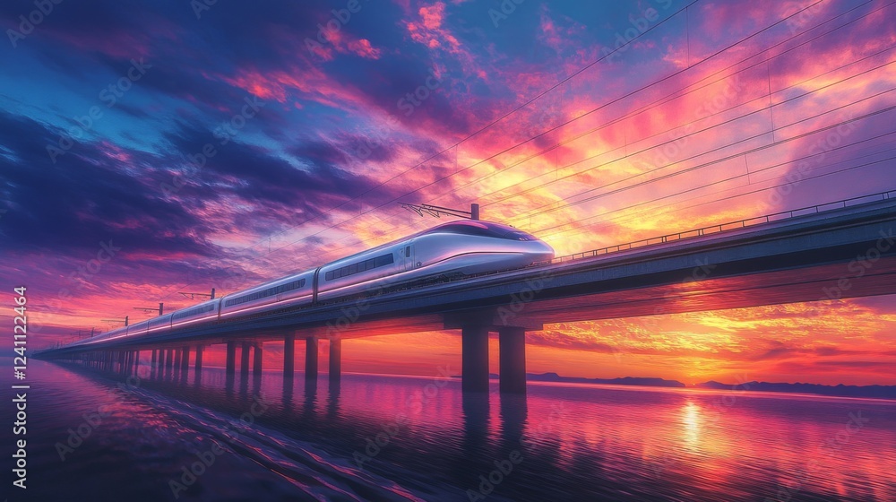 Φωτογραφία A breathtaking sunset view of a high-speed train crossing a majestic bridge, with vibrant colors illuminating the sky, symbolizing the future of travel