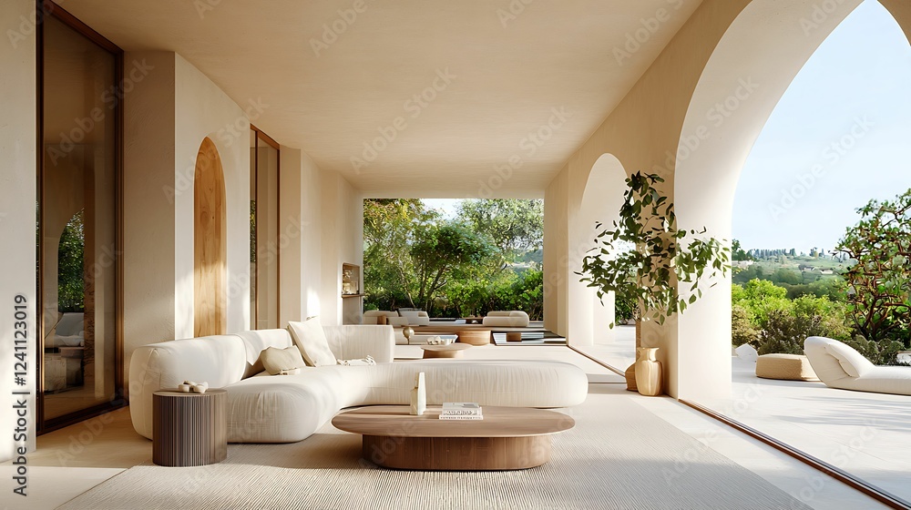Fototapeta premium A serene, modern outdoor living space featuring comfortable seating, natural light, and lush greenery, perfect for relaxation and entertaining.