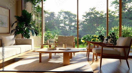 A bright and airy living room adorned with plants  featuring modern furniture and large windows overlooking a lush outdoor landscape.