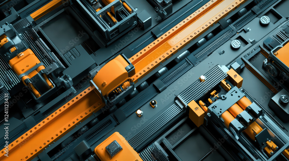 High tech robotic assembly line with electric car battery modules, showcasing intricate machinery and vibrant colors. image captures precision and innovation in modern manufacturing High tech robotic assembly line with electric car battery modules, showcasing intricate machinery and vibrant colors. image captures precision and innovation in modern manufacturing