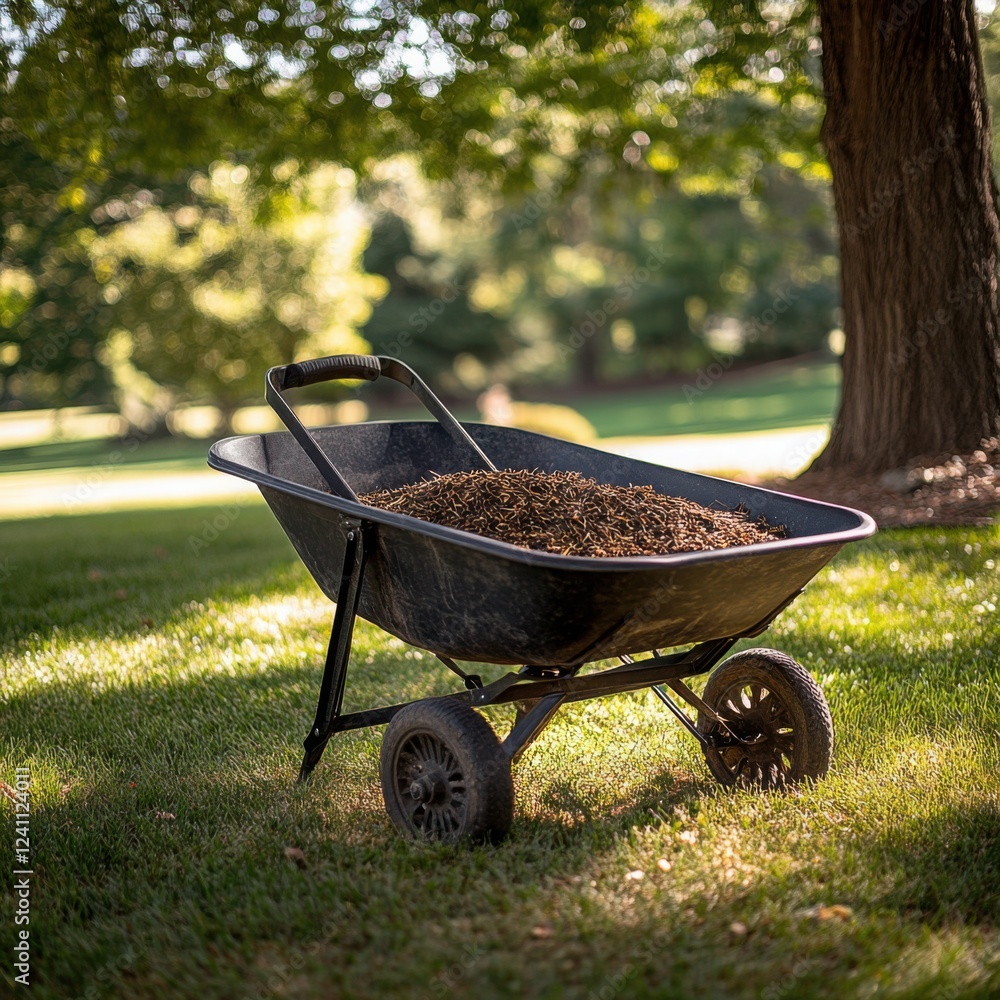 Wheelbarrow Filled with Mulch on Green Grass in Sunlit Garden Wheelbarrow Filled with Mulch on Green Grass in Sunlit Garden