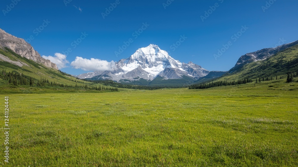 Majestic mountain peak, valley meadow, clear sky, summer day, travel poster Majestic mountain peak, valley meadow, clear sky, summer day, travel poster