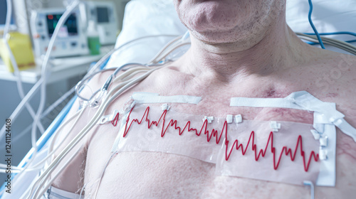 Atrial fibrillation concept. A patient is monitored in a hospital with ECG leads attached, displaying heart activity on a cardiac monitor. photo