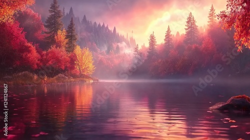 Serene Autumn Landscape with Colorful Leaves and Calm Water