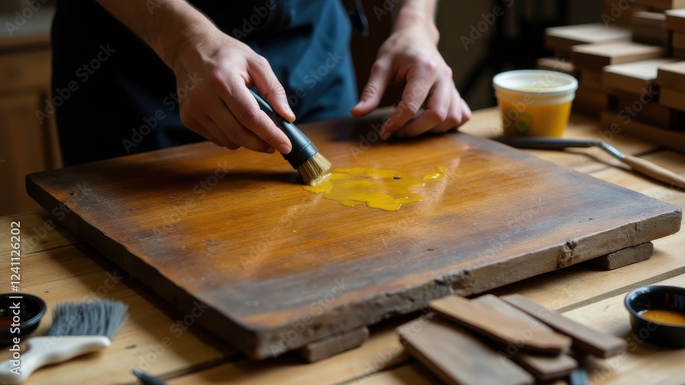 A skilled crafter refinishing a scratched antique table, polishing it with wax while surrounded by restoration tools and wooden materials A skilled crafter refinishing a scratched antique table, polishing it with wax while surrounded by restoration tools and wooden materials