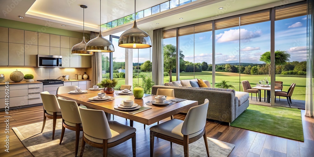 Fototapeta premium Luxury Kitchen & Dining Room Overlooking Scenic Golf Course