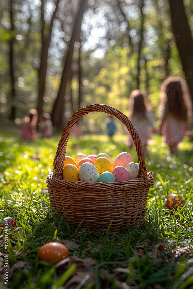 Close-up of a basket filled with Easter eggs surrounded by green grass, with children playing in the background, copy space Close-up of a basket filled with Easter eggs surrounded by green grass, with children playing in the background, copy space