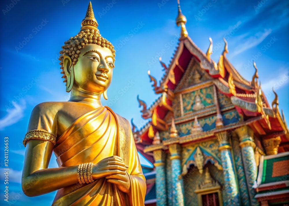 Macro Photography: Serene Buddha Statue Against a Vivid Blue Sky in a Thai Temple Macro Photography: Serene Buddha Statue Against a Vivid Blue Sky in a Thai Temple