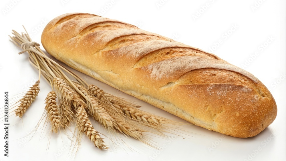 Long wheat bread loaf with a rustic edge, baked good, bakers bread, bakery item, artisan bread, crusty loaf Long wheat bread loaf with a rustic edge, baked good, bakers bread, bakery item, artisan bread, crusty loaf