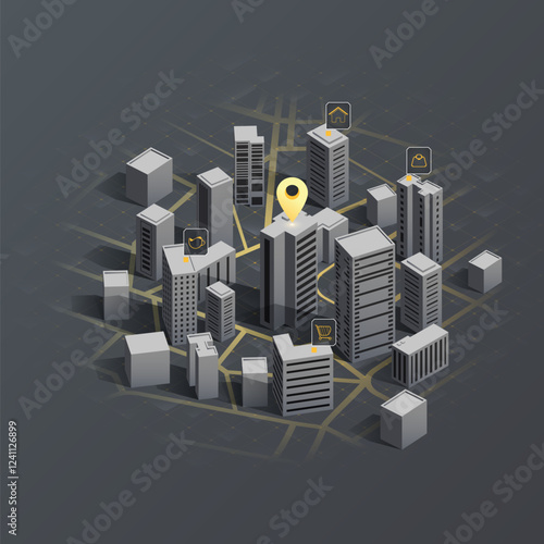 Locator position point. GPS tracking system to navigate around the 3d city landmarks. Detailed city street map with directions to different locations. Vector illustration