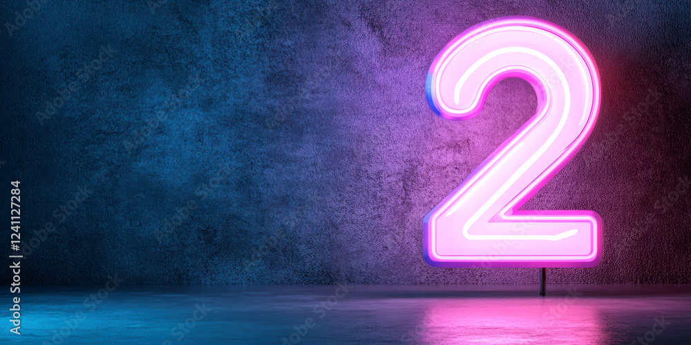 Neon pink and purple number two glowing in dark industrial space modern art concept Neon pink and purple number two glowing in dark industrial space modern art concept