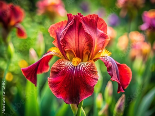Macro Photography: Vibrant Red Iris Bloom in a Florentine Garden