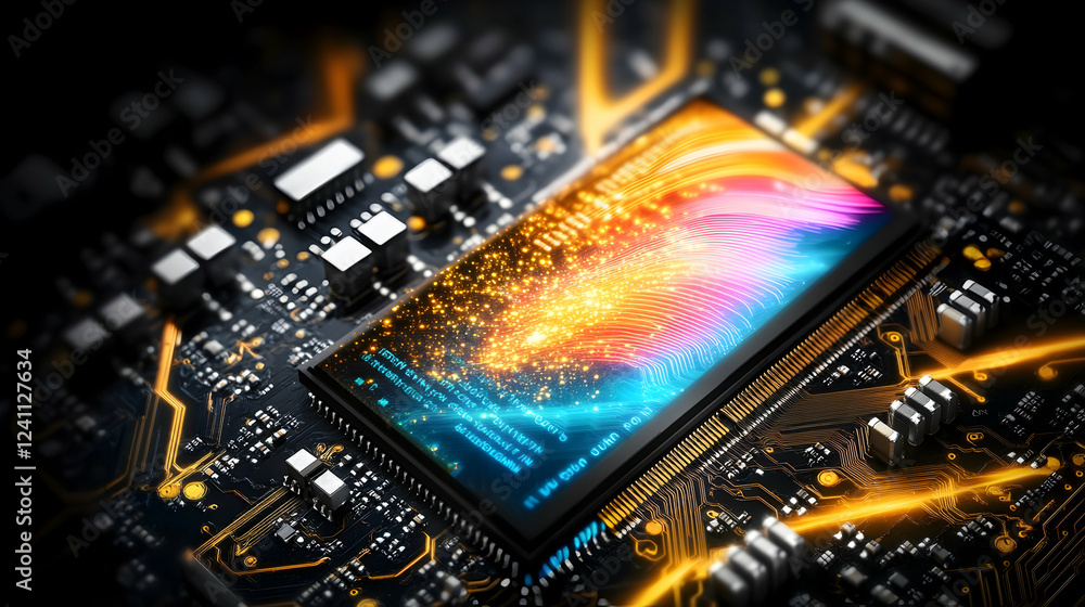 Fototapeta premium Colorful Data Streams Flowing Through Microchip, Circuit Board Background, Tech Innovation