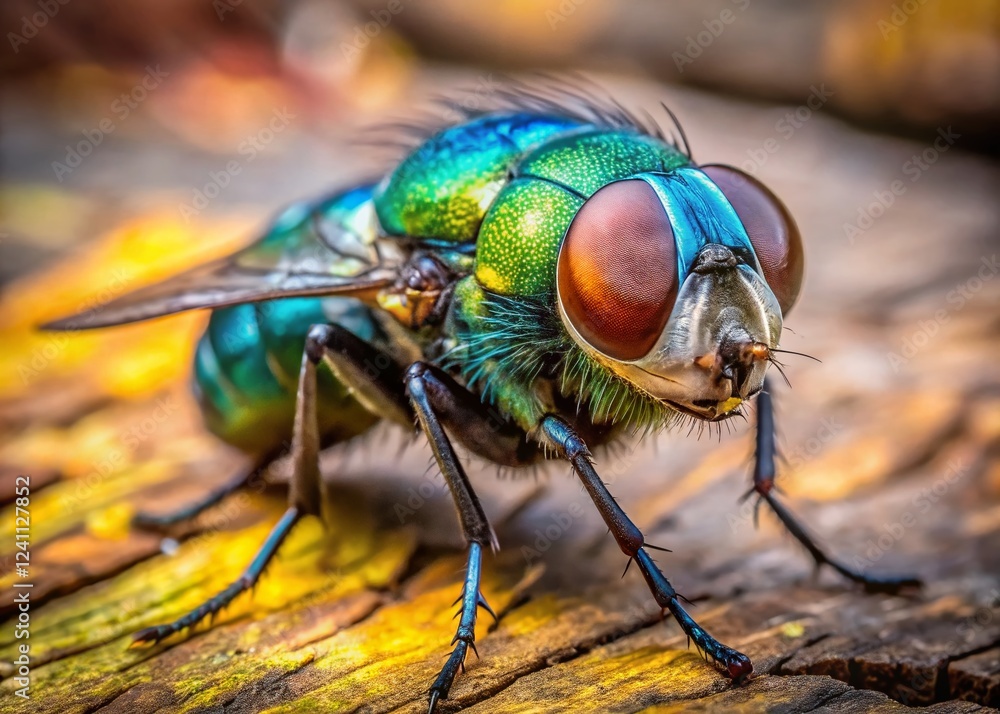 Macro Photo: Green Bottle Fly (Lucilia sericata) on Cracked Wood Macro Photo: Green Bottle Fly (Lucilia sericata) on Cracked Wood