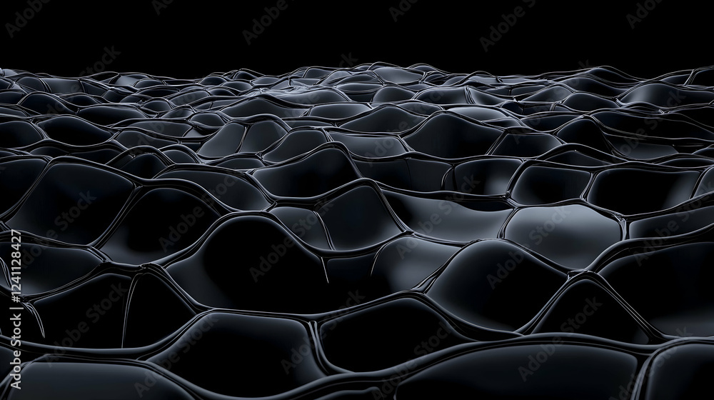 Fototapeta premium Dark, undulating, abstract surface; 3D rendered texture; black background; ideal for science fiction, technology, or design