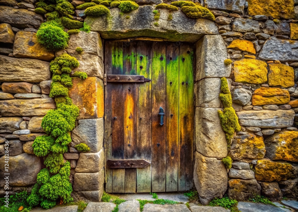 Fototapeta premium Macro Detail: Ancient Fortress Stone Wall with Weathered Wooden Door
