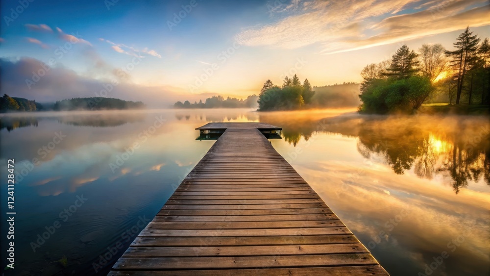 Fototapeta premium Serene wooden pier extending into a peaceful lake at dawn, with misty fog gently rising from the water's surface