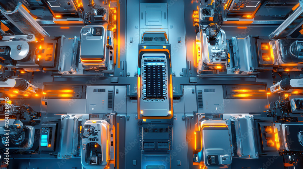 Futuristic robot assembly line featuring electric car batteries, showcasing advanced technology and automation in high tech environment Futuristic robot assembly line featuring electric car batteries, showcasing advanced technology and automation in high tech environment