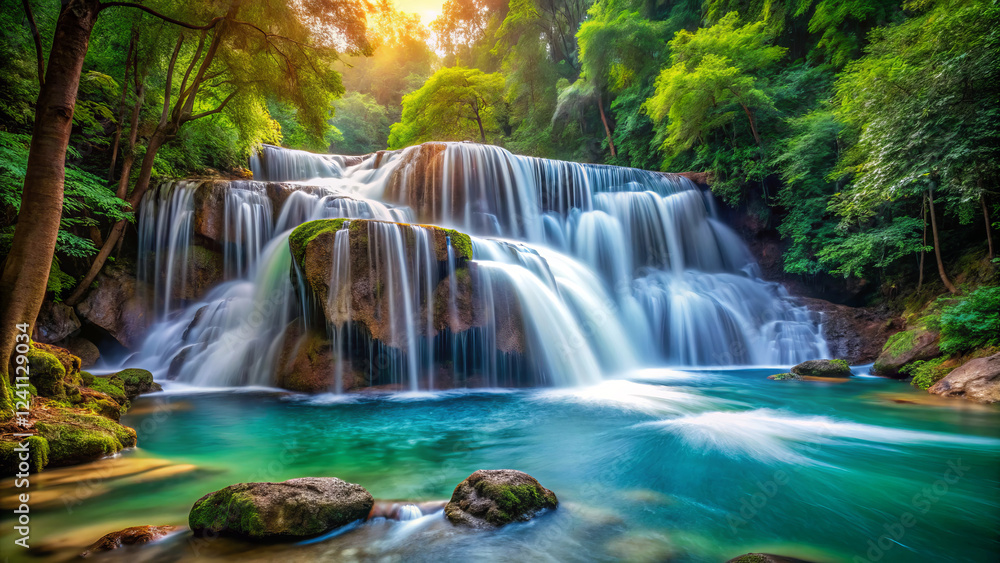 Obraz premium serene waterfall cascading over rocks into tranquil pool, surrounded by lush greenery