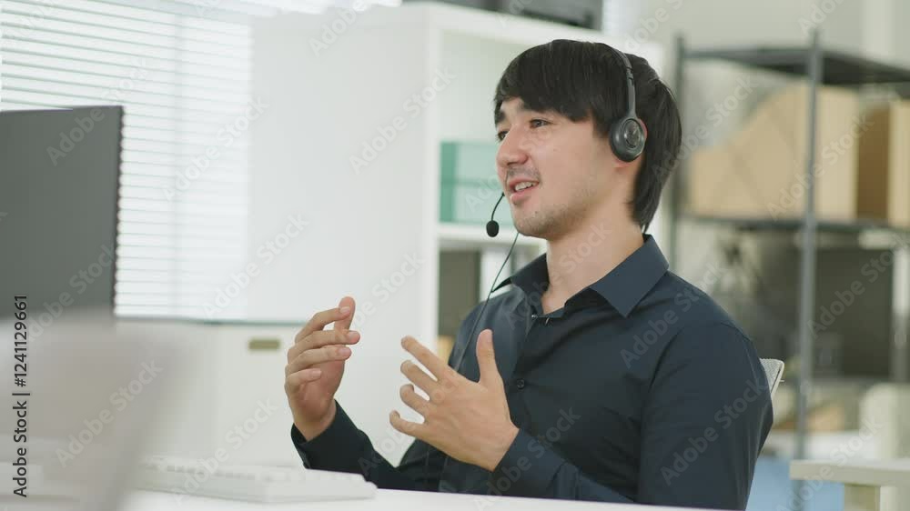 Businessman working as a customer support operator with headset. Female Call center, consulting and telemarketing concept, Customer service representative. sale agent Representative Company. Businessman working as a customer support operator with headset. Female Call center, consulting and telemarketing concept, Customer service representative. sale agent Representative Company.