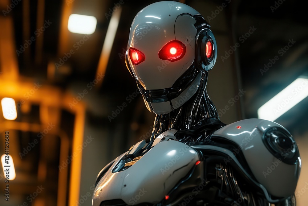 futuristic robot stands tall, glowing red eyes piercing the dimly lit industrial backdrop. metallic body reflects ambient light, showcasing advanced technology and a hint of menace futuristic robot stands tall, glowing red eyes piercing the dimly lit industrial backdrop. metallic body reflects ambient light, showcasing advanced technology and a hint of menace