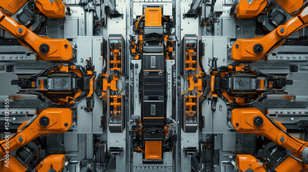 High tech robotic assembly line for electric car battery cells, showcasing advanced automation and precision engineering. vibrant orange robots highlight modern manufacturing process High tech robotic assembly line for electric car battery cells, showcasing advanced automation and precision engineering. vibrant orange robots highlight modern manufacturing process