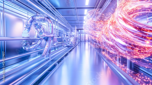 Futuristic factory corridor  energy flow  innovation  industrial progress  technological advancement  website banner