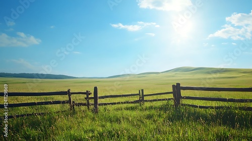 Open Prairie Under Clear Sky with Rustic Fence