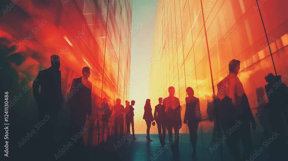 Group of business people silhouettes in modern office building and business network concept. Human resources with pastel innovation charts and graphs with statistics to analyze business Group of business people silhouettes in modern office building and business network concept. Human resources with pastel innovation charts and graphs with statistics to analyze business