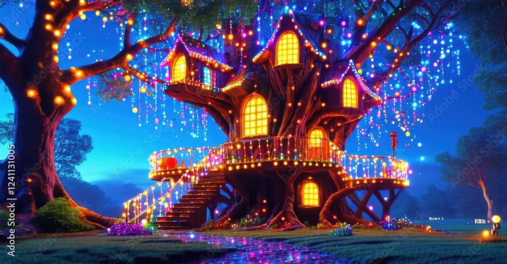 Obraz premium Charming treehouse covered in glowing birthday lights, radiating warmth and cheer, creating a festive and magical atmosphere perfect for a joyful celebration