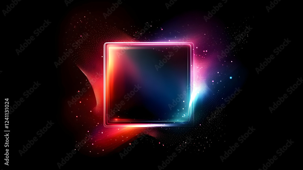 Obraz premium Glowing neon square frame, vibrant cosmic background, digital art, ideal for website banners