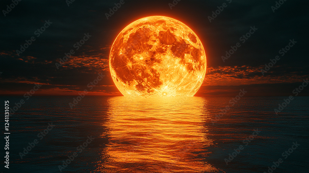 Glowing orange moon rises above tranquil ocean at dusk
