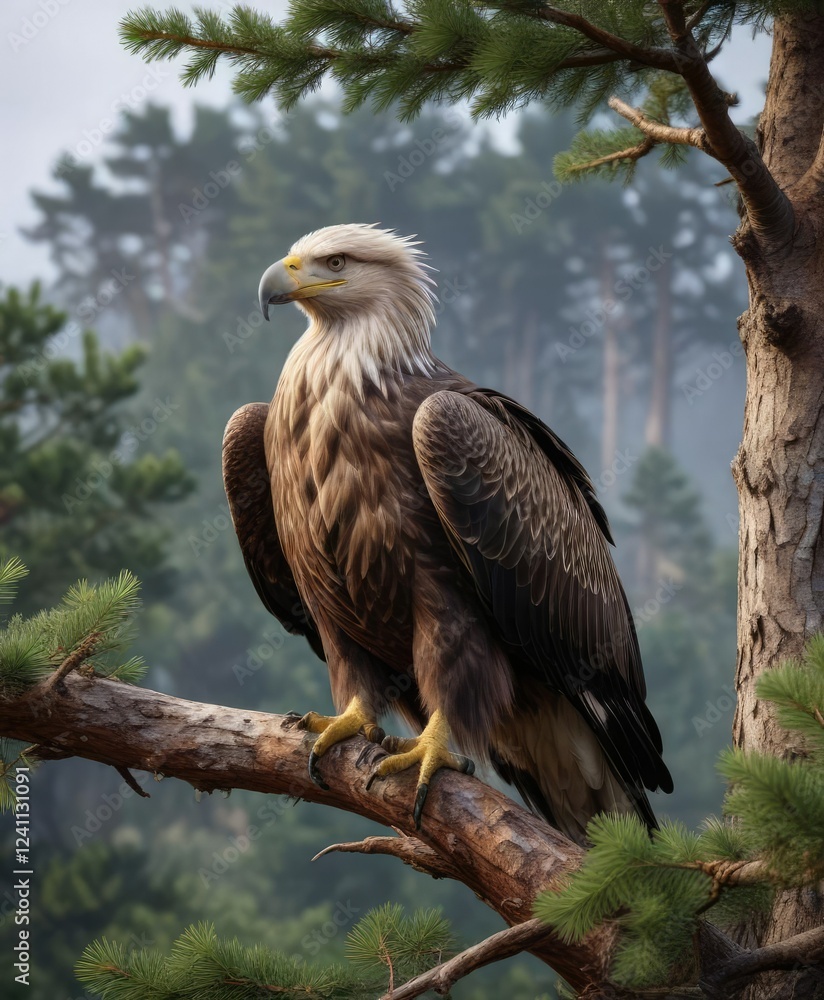 Majestic white tailed eagle perched on pine tree branch, perching, bird of prey, majestic, close-up, forest Majestic white tailed eagle perched on pine tree branch, perching, bird of prey, majestic, close-up, forest