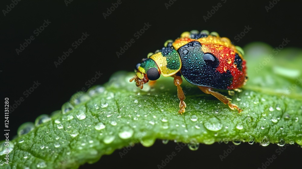 Fototapeta premium A close-up of a vibrant green leaf adorned with dew droplets, showcasing a colorful ladybug perched delicately, highlighting the beauty of nature's small creatures.