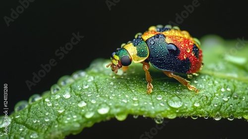 Wallpaper Mural A close-up of a vibrant green leaf adorned with dew droplets, showcasing a colorful ladybug perched delicately, highlighting the beauty of nature's small creatures. Torontodigital.ca