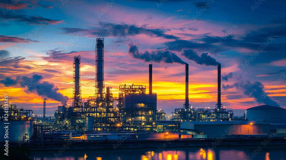 Fototapeta premium Industrial skyline at sunset with vibrant clouds and smoke from chimneys