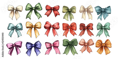 Watercolor set of vintage bows png. Retro satin ribbon bows in watercolor style on a transparent background. Vector illustration.