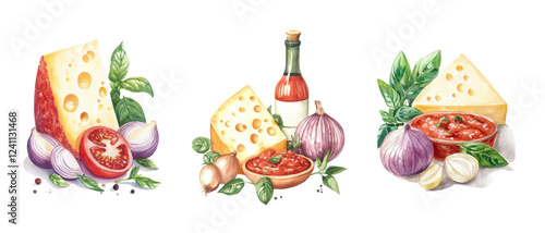 Watercolor set of Italian food products png. Hard cheese, basil, onion, tomatoes, tomato sauce, olive oil. Ingredients for making pizza, pasta, etc. Italian watercolor painting.