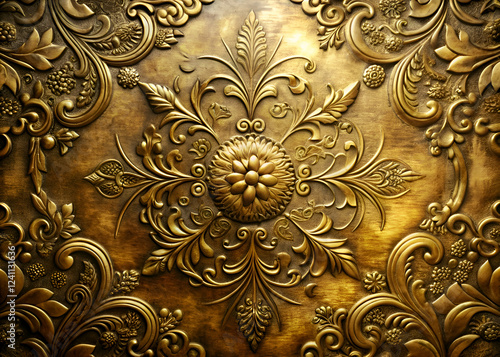 Golden Embossed Floral Pattern. Ornate Decorative Metal Texture