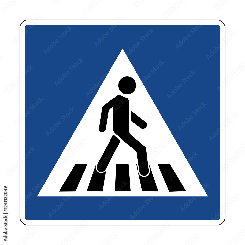 Road sign pedestrian crossing. Informs road users about the presence a crossing for pedestrians. Places where pedestrians have the right to cross the roadway. Drivers must give way to pedestrians. Road sign pedestrian crossing. Informs road users about the presence a crossing for pedestrians. Places where pedestrians have the right to cross the roadway. Drivers must give way to pedestrians.