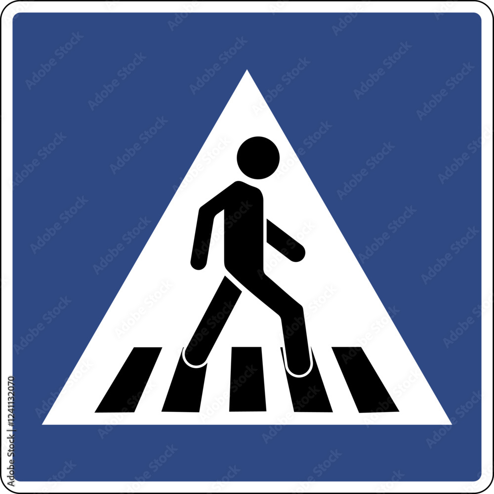 Road sign pedestrian crossing. Informs road users about the presence a crossing for pedestrians. Places where pedestrians have the right to cross the roadway. Drivers must give way to pedestrians. Road sign pedestrian crossing. Informs road users about the presence a crossing for pedestrians. Places where pedestrians have the right to cross the roadway. Drivers must give way to pedestrians.
