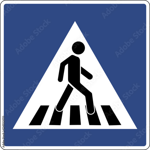 Road sign pedestrian crossing. Informs road users about the presence a crossing for pedestrians. Places where pedestrians have the right to cross the roadway. Drivers must give way to pedestrians.