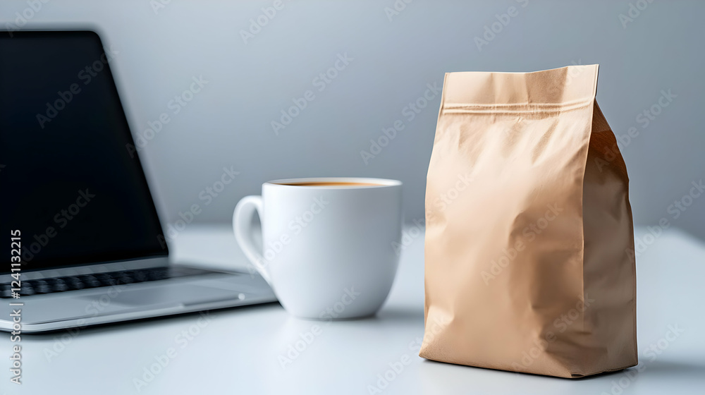 A stylish coffee setup featuring a cup and a bag of coffee next to a laptop, perfect for home office inspiration. A stylish coffee setup featuring a cup and a bag of coffee next to a laptop, perfect for home office inspiration.