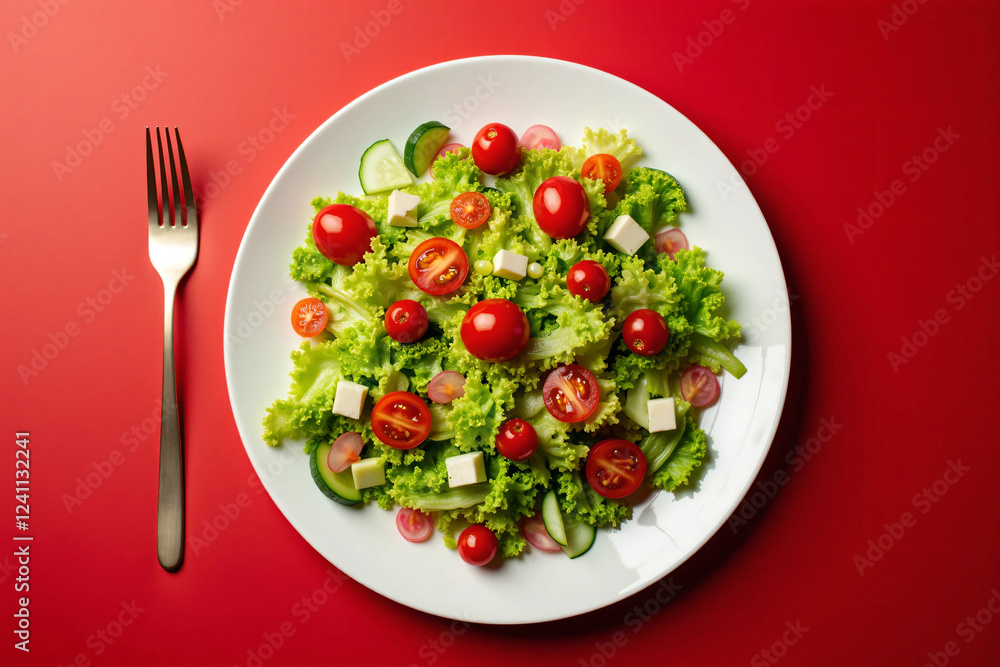 Fresh and Colorful Salad with Crisp Lettuce, Cherry Tomatoes, and Cucumber Slices on a Ceramic Plate Healthy Vegan Meal with Natural Lighting, Perfect for a Nutritious Diet and Food Photography Inspir Fresh and Colorful Salad with Crisp Lettuce, Cherry Tomatoes, and Cucumber Slices on a Ceramic Plate Healthy Vegan Meal with Natural Lighting, Perfect for a Nutritious Diet and Food Photography Inspir