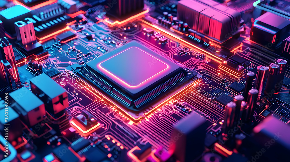 Close-up of a vibrant microchip on a circuit board with neon lights Close-up of a vibrant microchip on a circuit board with neon lights