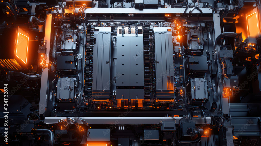 Fototapeta premium High tech electronic circuit board with glowing components and intricate design. This futuristic assembly showcases advanced technology and innovation in electronics