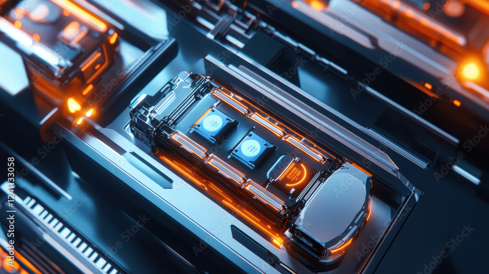 Innovative electric car battery design with glowing elements and sleek structure, showcasing advanced technology in modern assembly line Innovative electric car battery design with glowing elements and sleek structure, showcasing advanced technology in modern assembly line