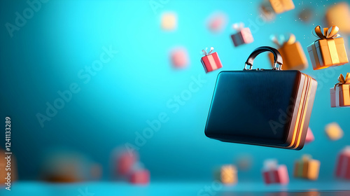 A stylish suitcase surrounded by colorful floating gift boxes on a vibrant blue background. photo